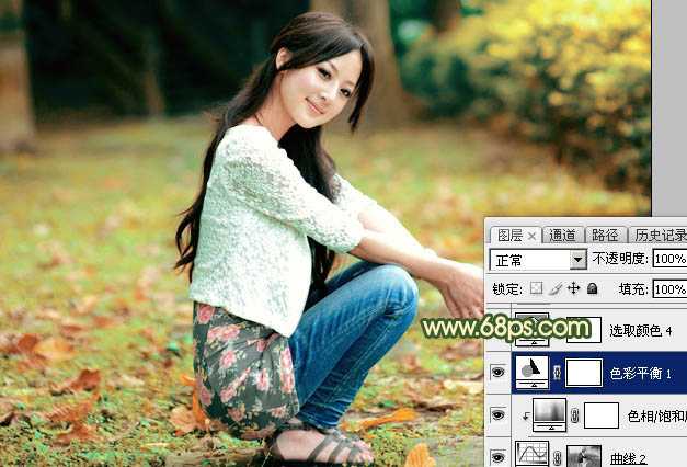 ‘Photoshop为外景美女图片打造甜美的秋季橙绿色‘