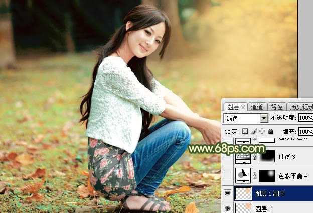 ‘Photoshop为外景美女图片打造甜美的秋季橙绿色‘