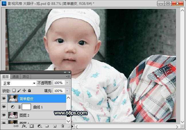 ‘Photoshop将可爱宝宝照片调成漂亮的淡青色效果‘