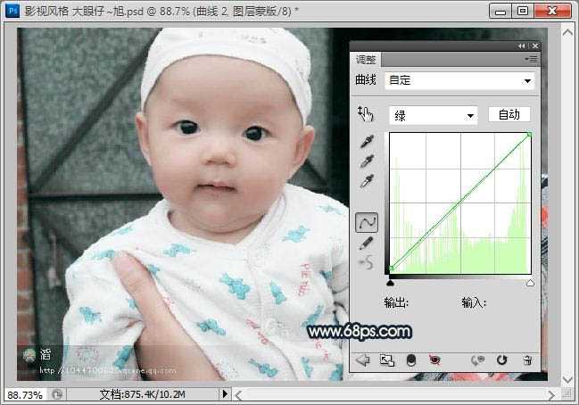‘Photoshop将可爱宝宝照片调成漂亮的淡青色效果‘