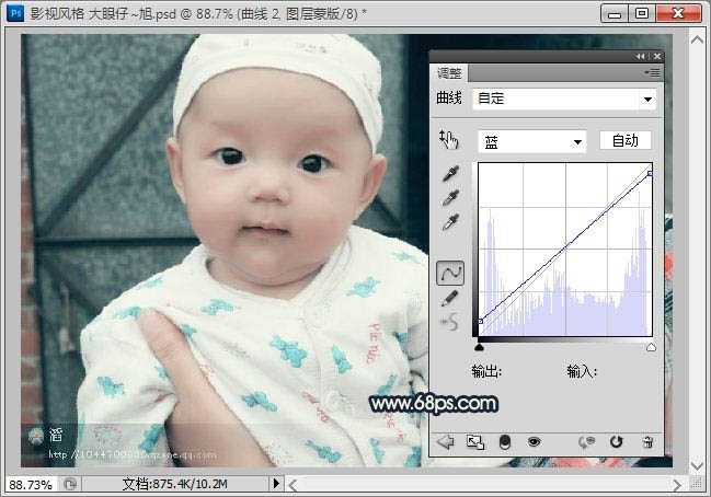 ‘Photoshop将可爱宝宝照片调成漂亮的淡青色效果‘