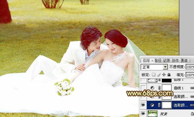 ‘Photoshop为绿茵婚片调制出柔美的晨曦暖黄色‘