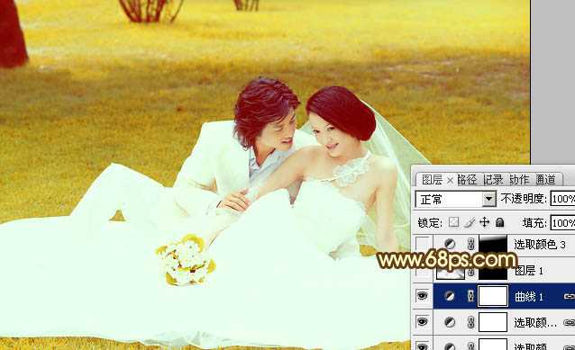 ‘Photoshop为绿茵婚片调制出柔美的晨曦暖黄色‘