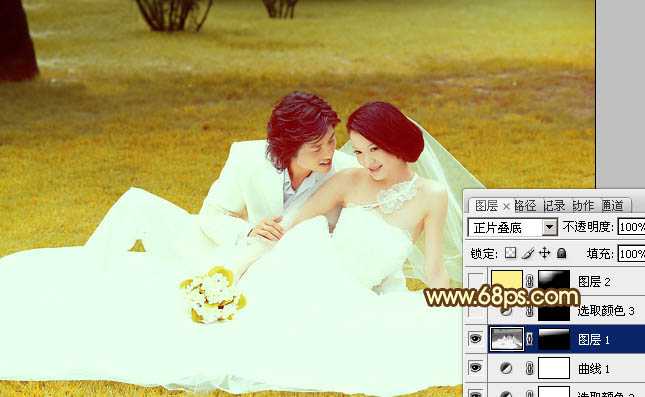 ‘Photoshop为绿茵婚片调制出柔美的晨曦暖黄色‘