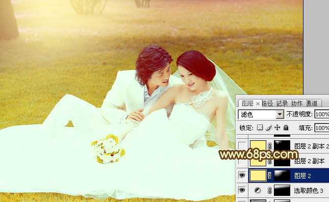‘Photoshop为绿茵婚片调制出柔美的晨曦暖黄色‘