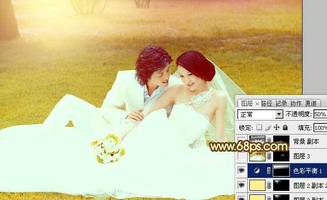 ‘Photoshop为绿茵婚片调制出柔美的晨曦暖黄色‘