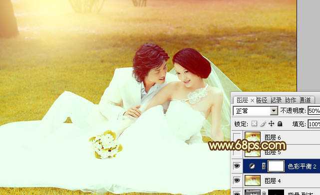 ‘Photoshop为绿茵婚片调制出柔美的晨曦暖黄色‘