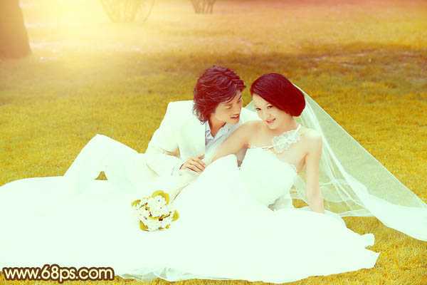‘Photoshop为绿茵婚片调制出柔美的晨曦暖黄色‘