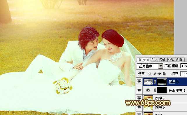 ‘Photoshop为绿茵婚片调制出柔美的晨曦暖黄色‘