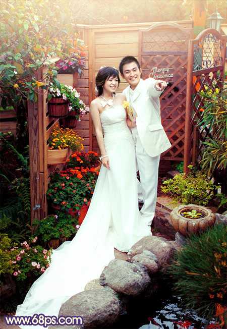 ‘Photoshop将园林婚片调成甜美的暖红色‘