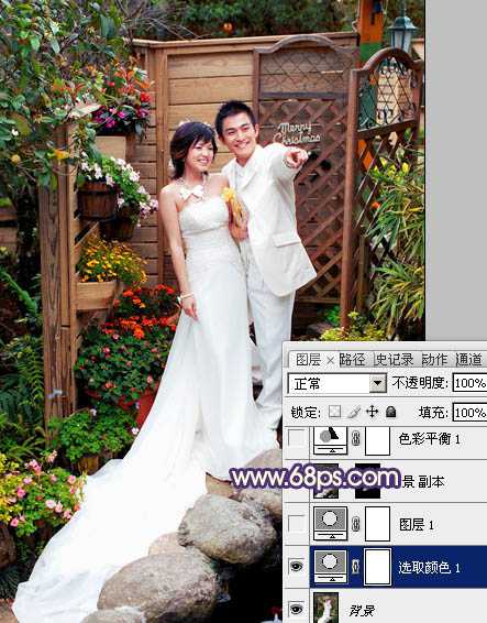 ‘Photoshop将园林婚片调成甜美的暖红色‘