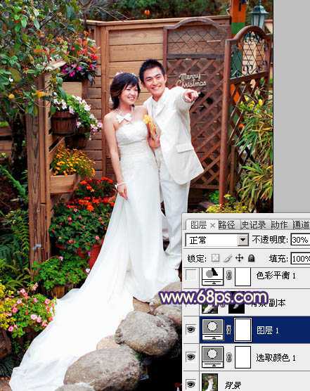 ‘Photoshop将园林婚片调成甜美的暖红色‘