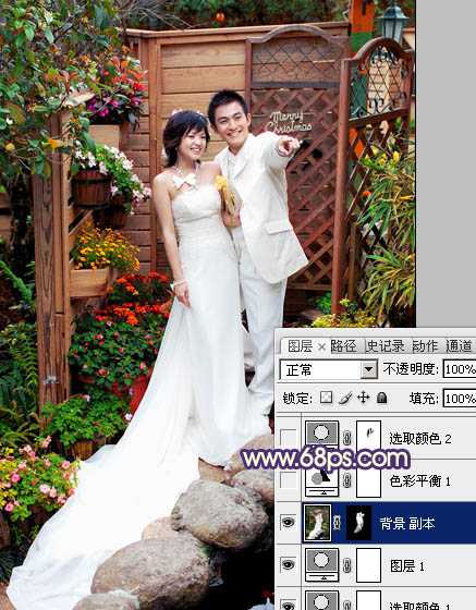‘Photoshop将园林婚片调成甜美的暖红色‘