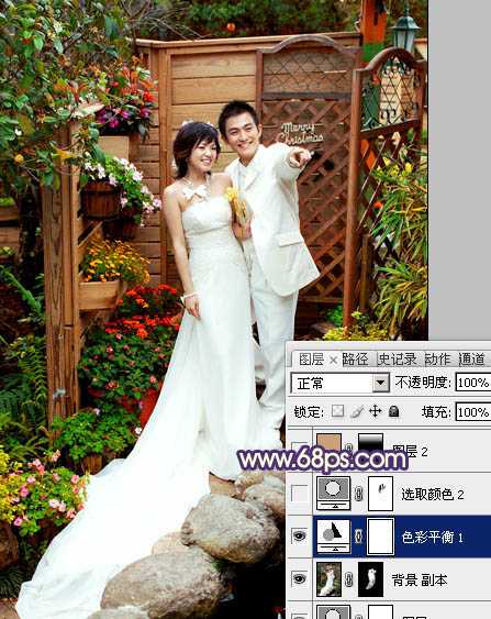 ‘Photoshop将园林婚片调成甜美的暖红色‘