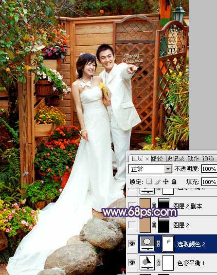 ‘Photoshop将园林婚片调成甜美的暖红色‘