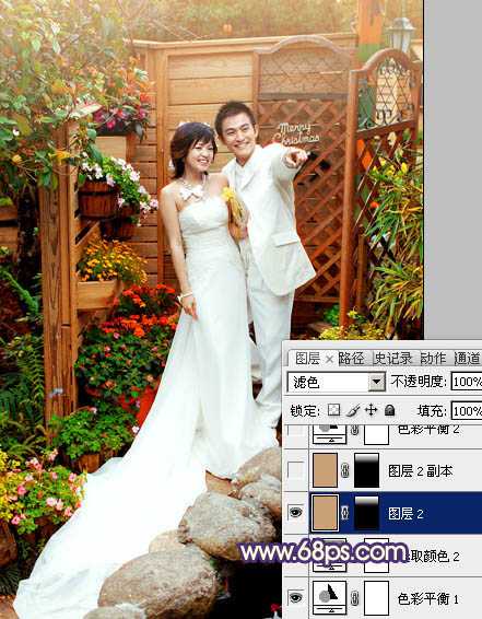 ‘Photoshop将园林婚片调成甜美的暖红色‘