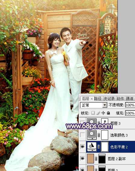 ‘Photoshop将园林婚片调成甜美的暖红色‘