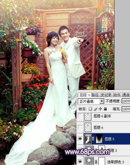 ‘Photoshop将园林婚片调成甜美的暖红色‘