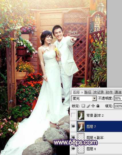 ‘Photoshop将园林婚片调成甜美的暖红色‘
