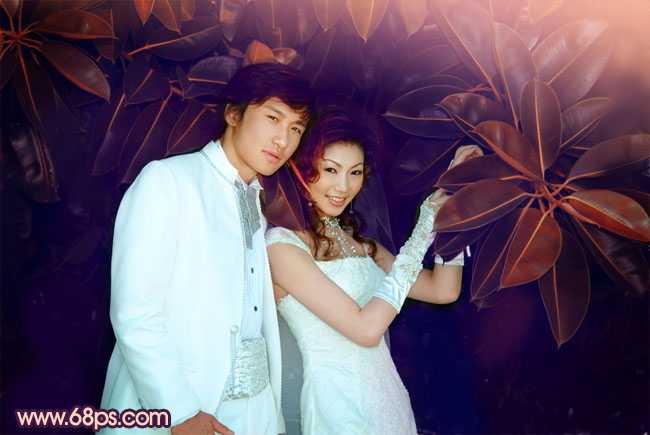 ‘Photoshop将树林婚片调制出柔美的暗调紫褐色效果‘