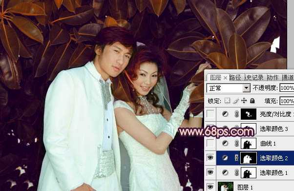 ‘Photoshop将树林婚片调制出柔美的暗调紫褐色效果‘