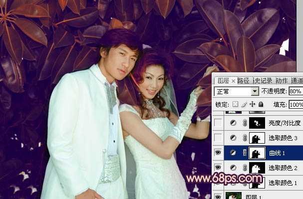 ‘Photoshop将树林婚片调制出柔美的暗调紫褐色效果‘