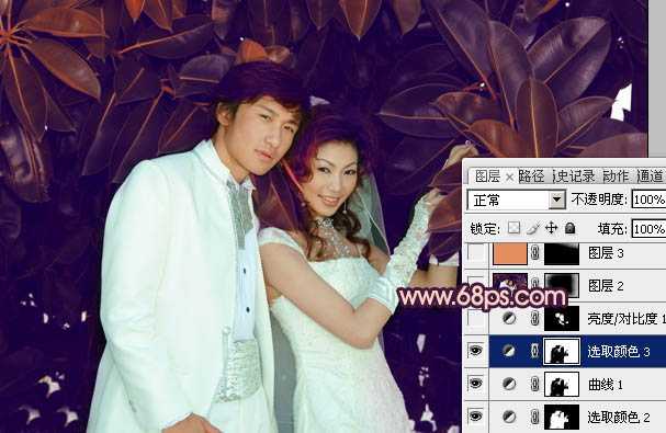‘Photoshop将树林婚片调制出柔美的暗调紫褐色效果‘
