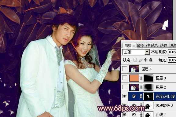 ‘Photoshop将树林婚片调制出柔美的暗调紫褐色效果‘