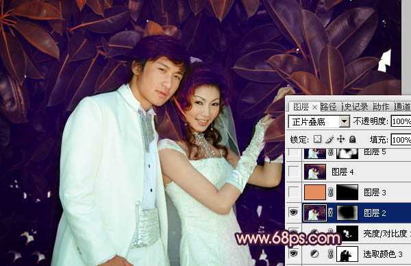 ‘Photoshop将树林婚片调制出柔美的暗调紫褐色效果‘
