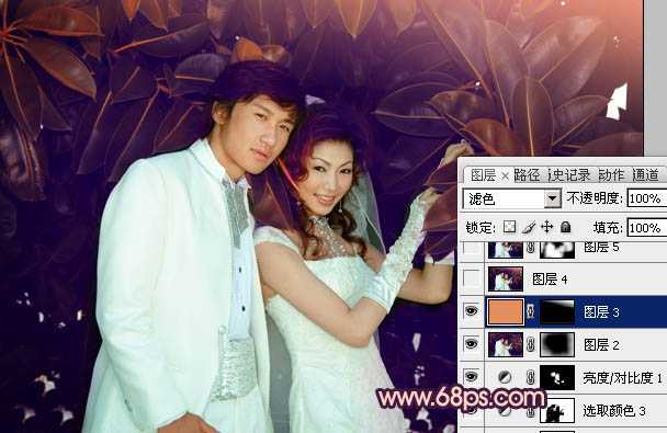 ‘Photoshop将树林婚片调制出柔美的暗调紫褐色效果‘