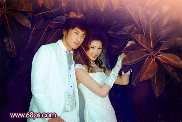 ‘Photoshop将树林婚片调制出柔美的暗调紫褐色效果‘