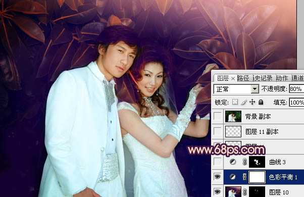 ‘Photoshop将树林婚片调制出柔美的暗调紫褐色效果‘