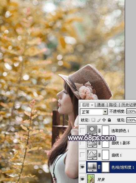 ‘Photoshop为绿荫中的美女调制出流行的秋季黄紫色‘