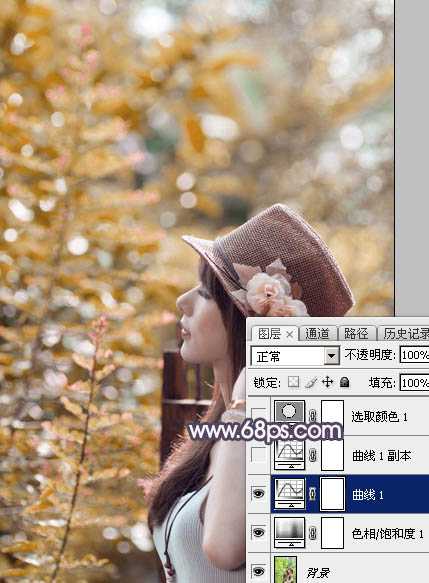 ‘Photoshop为绿荫中的美女调制出流行的秋季黄紫色‘