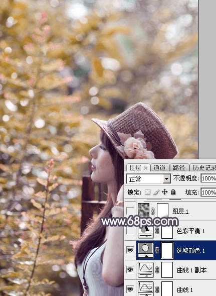 ‘Photoshop为绿荫中的美女调制出流行的秋季黄紫色‘