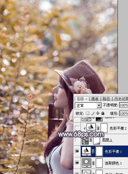 ‘Photoshop为绿荫中的美女调制出流行的秋季黄紫色‘