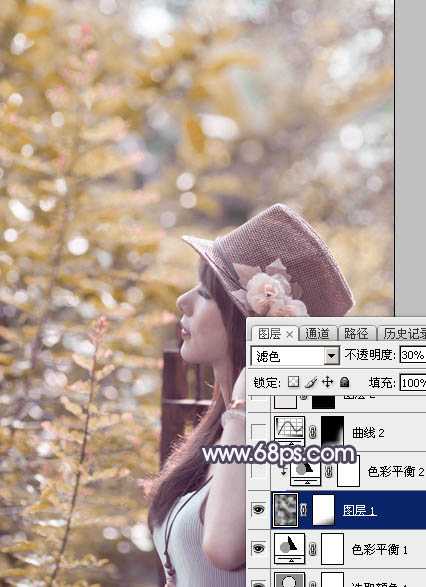 ‘Photoshop为绿荫中的美女调制出流行的秋季黄紫色‘
