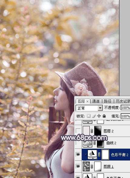 ‘Photoshop为绿荫中的美女调制出流行的秋季黄紫色‘