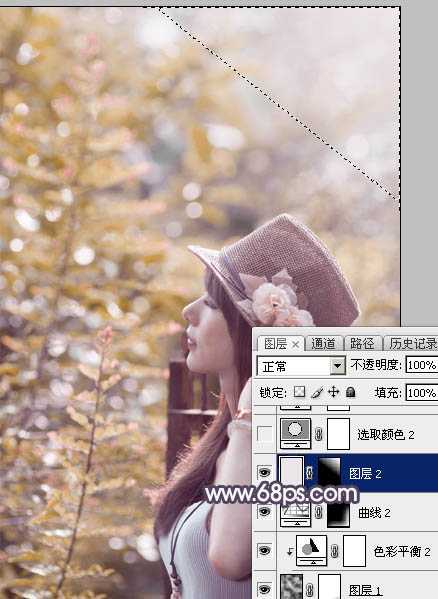 ‘Photoshop为绿荫中的美女调制出流行的秋季黄紫色‘