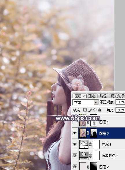 ‘Photoshop为绿荫中的美女调制出流行的秋季黄紫色‘