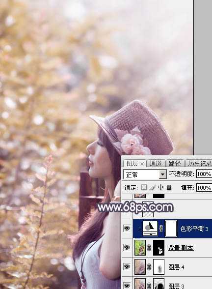 ‘Photoshop为绿荫中的美女调制出流行的秋季黄紫色‘