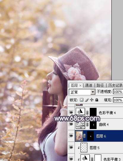 ‘Photoshop为绿荫中的美女调制出流行的秋季黄紫色‘