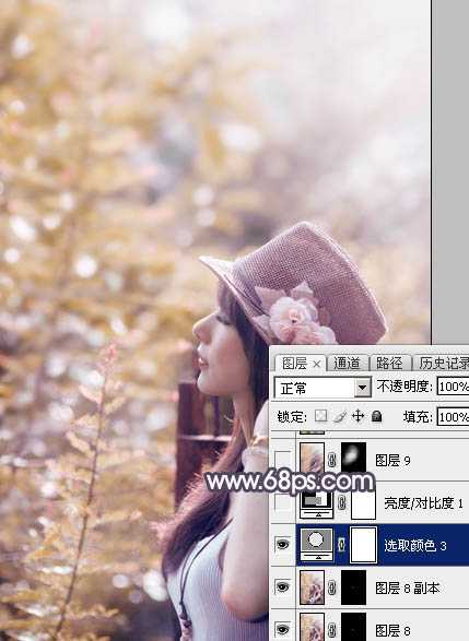 ‘Photoshop为绿荫中的美女调制出流行的秋季黄紫色‘
