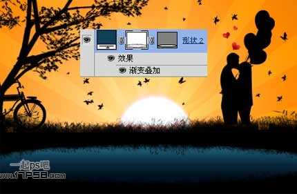 ‘photoshop设计制作出黎明前在湖边相拥亲吻的约会壁纸‘