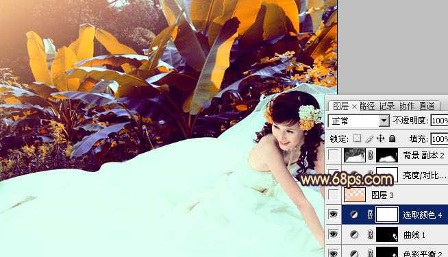 ‘Photoshop将外景美女婚片调成甜美的橙紫色‘
