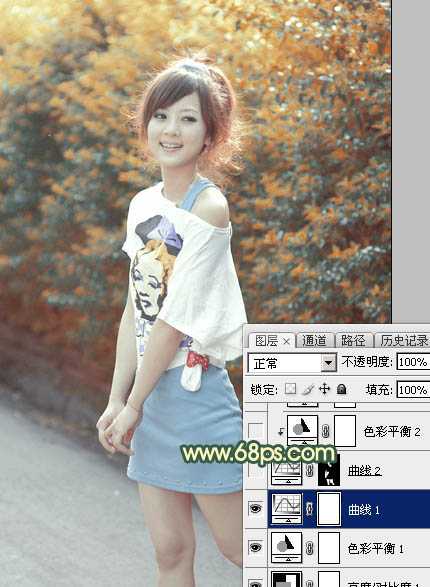 ‘Photoshop为绿植边的美女调出漂亮的秋季暗调暖色‘