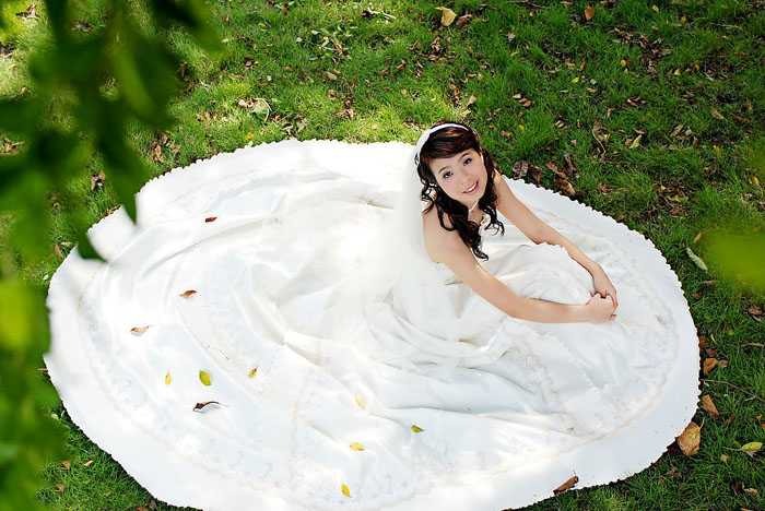 ‘Photoshop将草地婚纱美女调制出流行的青蓝色‘