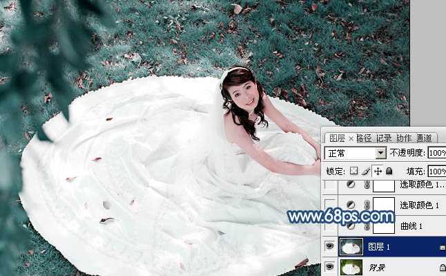 ‘Photoshop将草地婚纱美女调制出流行的青蓝色‘