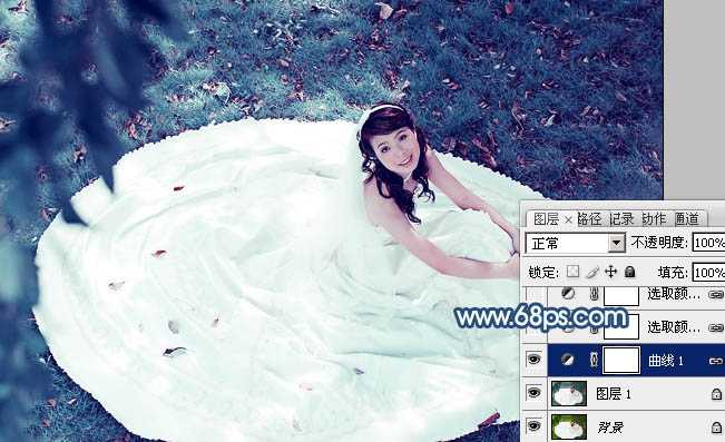 ‘Photoshop将草地婚纱美女调制出流行的青蓝色‘