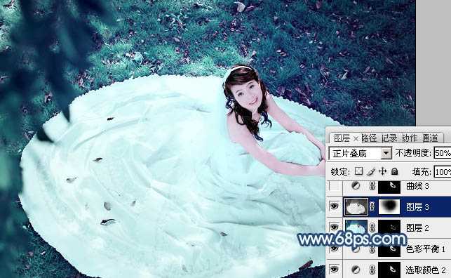 ‘Photoshop将草地婚纱美女调制出流行的青蓝色‘